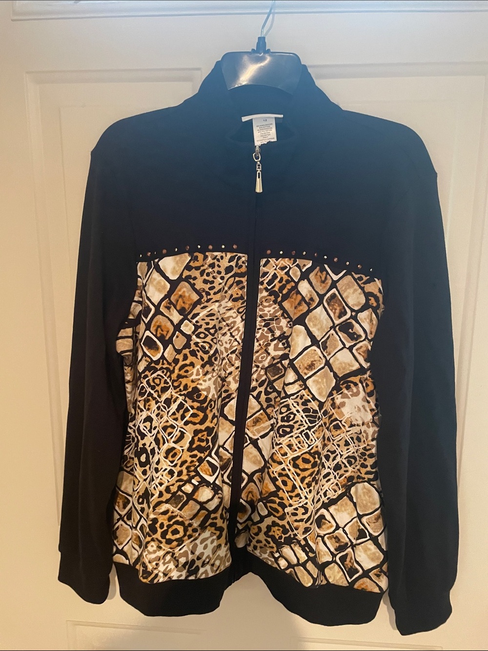 Alfred Dunner Black Zip-Front Jacket with Animal Print Insert